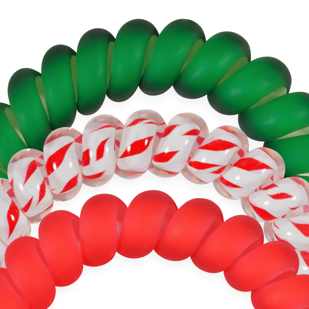Claus I said So hair ties, large, in red, green, and candy cane striped spiral coil designs.
