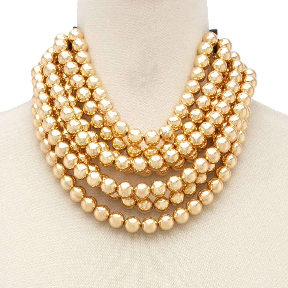 Chunky Beaded Layered Necklace with multi-strand gold beads, magnet clasp. Available in 16", 18", and 20" lengths.