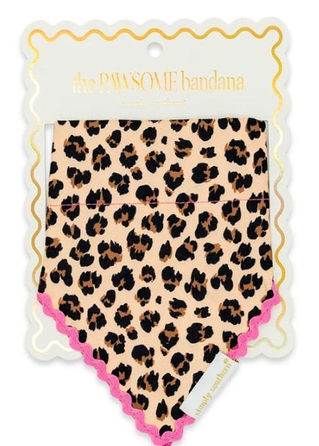 Leopard Print Pet Bandana with pink scalloped trim, “the PAWSOME bandana” in gold lettering. Available in multiple sizes.