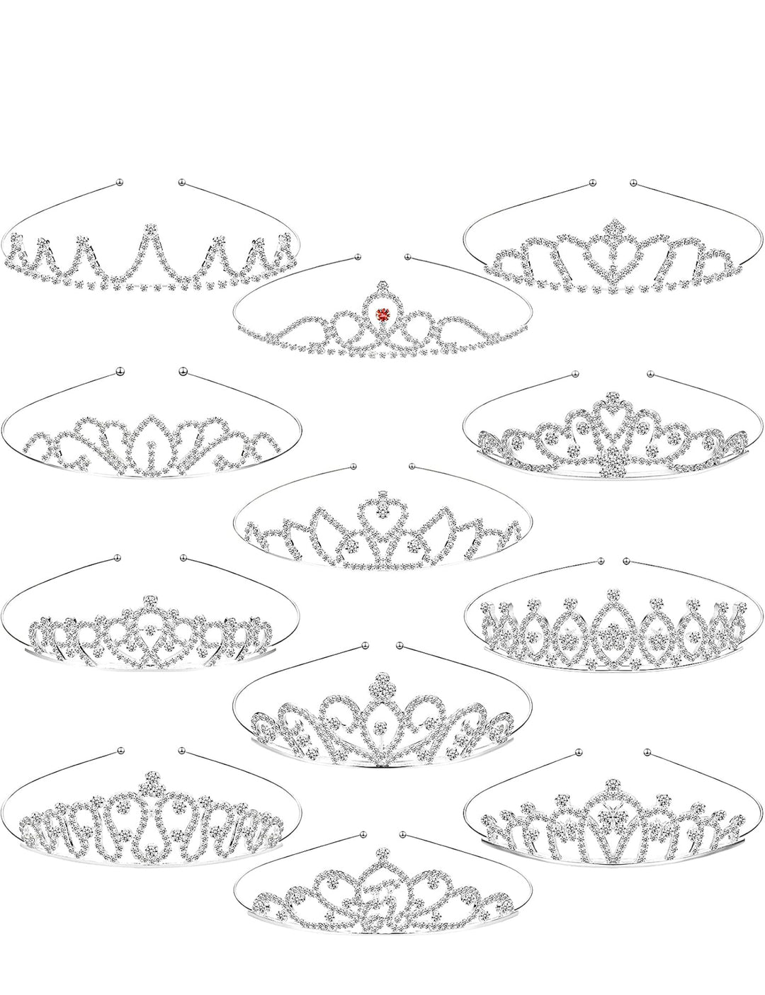 Ten silver-tone children’s rhinestone crown headbands in various designs.