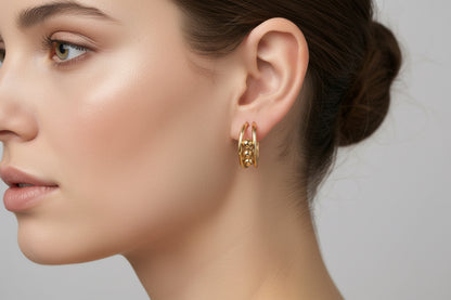 Hoop earrings with small decorative beads, available in 20mm, 30mm, and 40mm sizes.