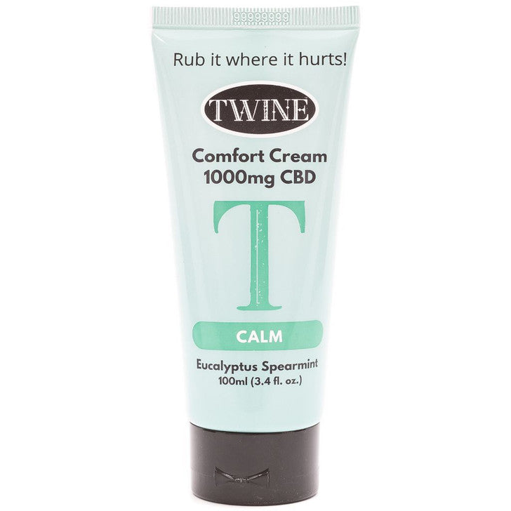 Light blue tube, labeled "Comfort Cream - Calm 1000mg CBD topical," cooling eucalyptus spearmint, 100ml (3.4 fl. oz.).