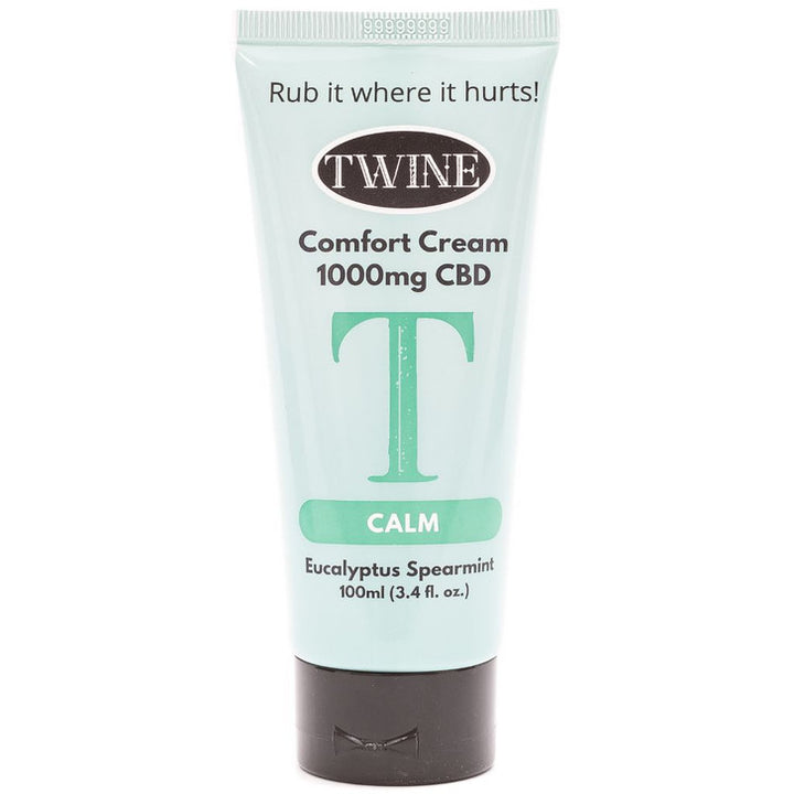 Light blue tube, labeled "Comfort Cream - Calm 1000mg CBD topical," cooling eucalyptus spearmint, 100ml (3.4 fl. oz.).