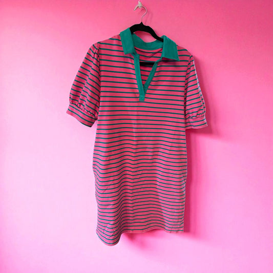 The Hattie Striped Collared T Shirt Dress in XL, pink and green stripes, short sleeves, green collar. Sizes: XL.