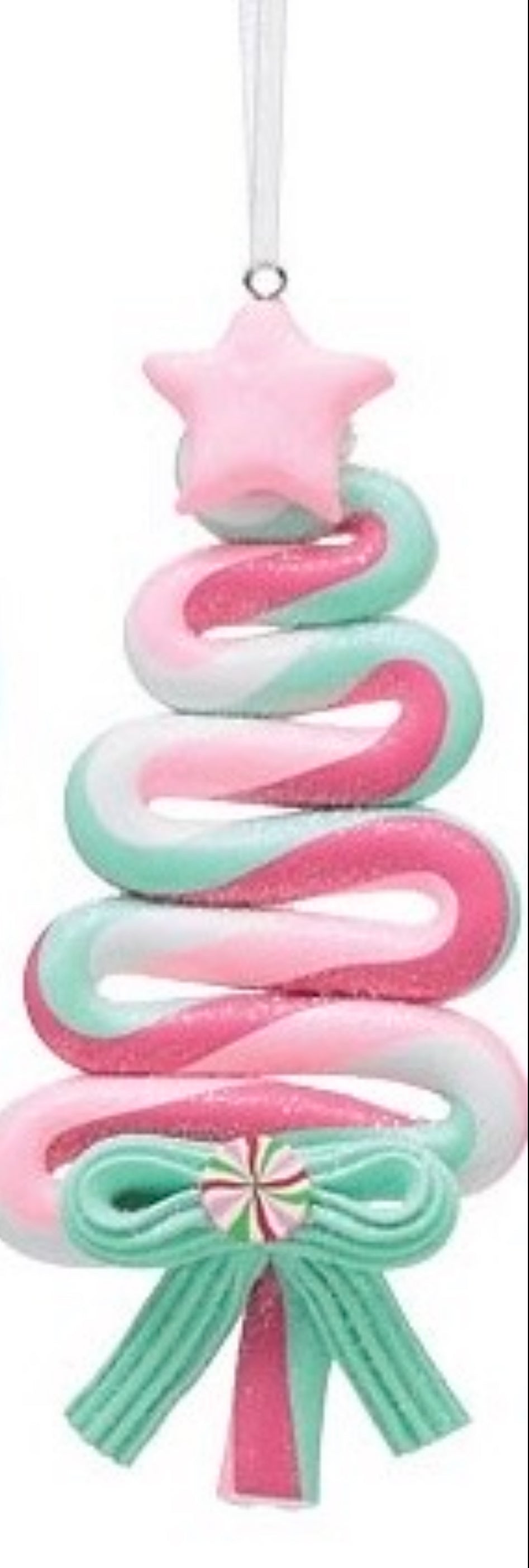 Candy Trees and Suckers Ornaments shaped like a pink and mint green candy spiral with a pink star and base bow.