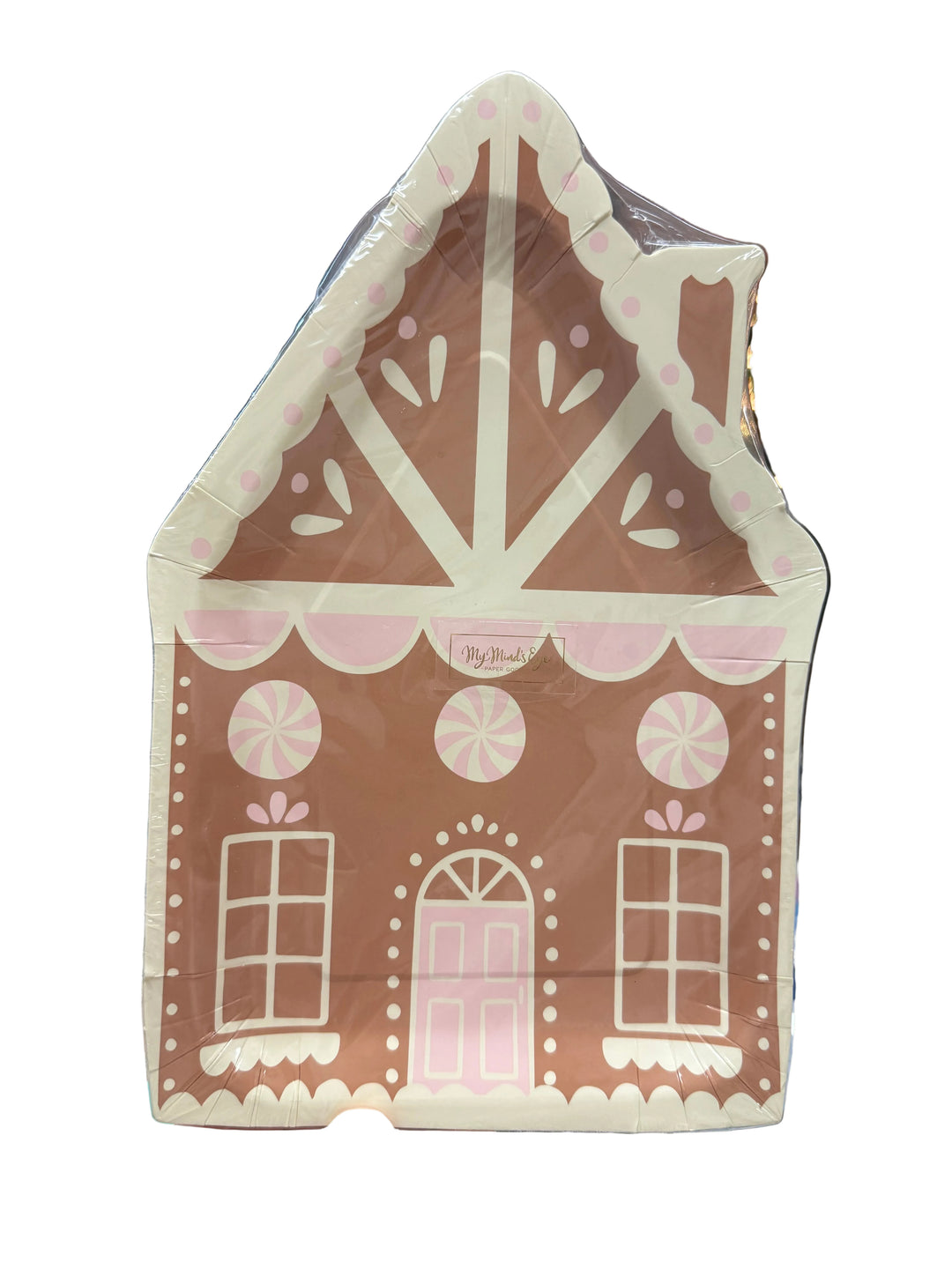 Gingerbread house-shaped 9″ plate with pink and white icing decorations.