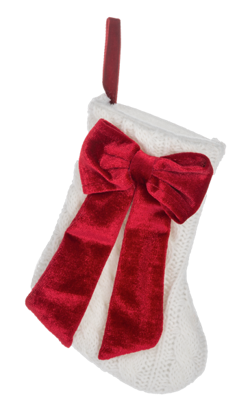 White knit mini Christmas stocking with a large red velvet bow.