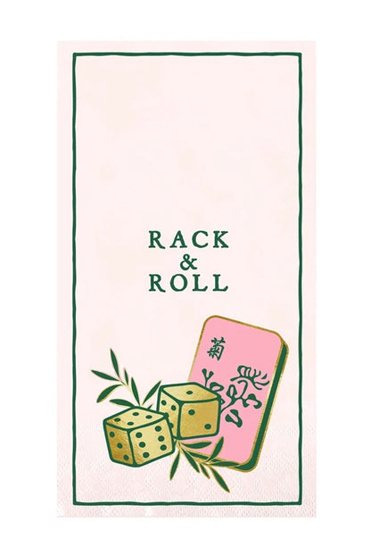 Rack & Roll Guest Napkins have a linen-inspired design with a green border, featuring “RACK & ROLL,” two yellow dice, a pink mahjong tile, and green leaves. Available in guest size.
