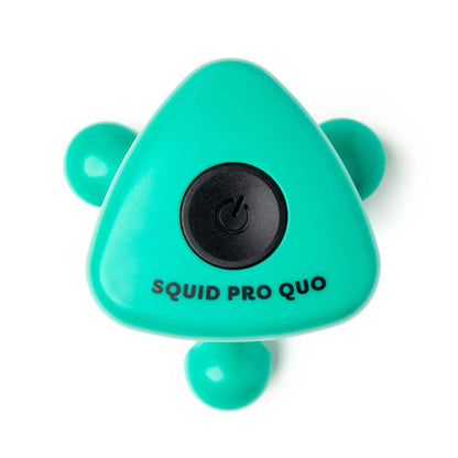 Green, triangular massager with three rounded legs, black power button, and "SQUID PRO QUO" below. Sizes: S, M, L.