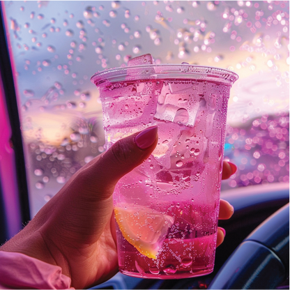 Clear plastic cup of pink, ice-filled Sugar Free Unicorn™ Syrup drink with lemon slice; available in 12oz, 16oz, and 24oz.