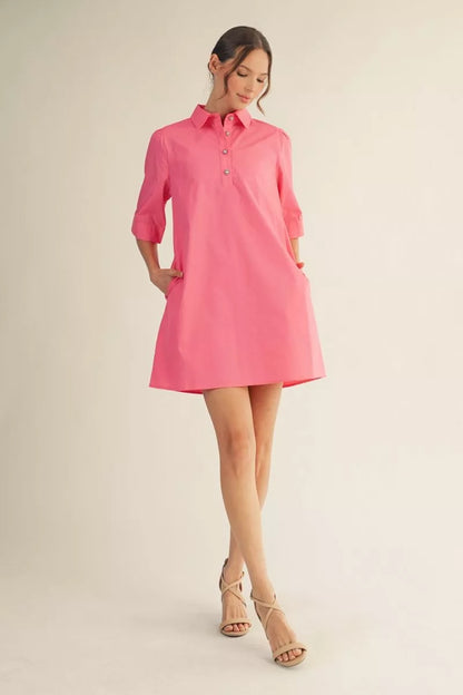 Pearl Button Pink Shift Dress: bright pink cotton, button-up front, collar, half sleeves; available in XS-XL.