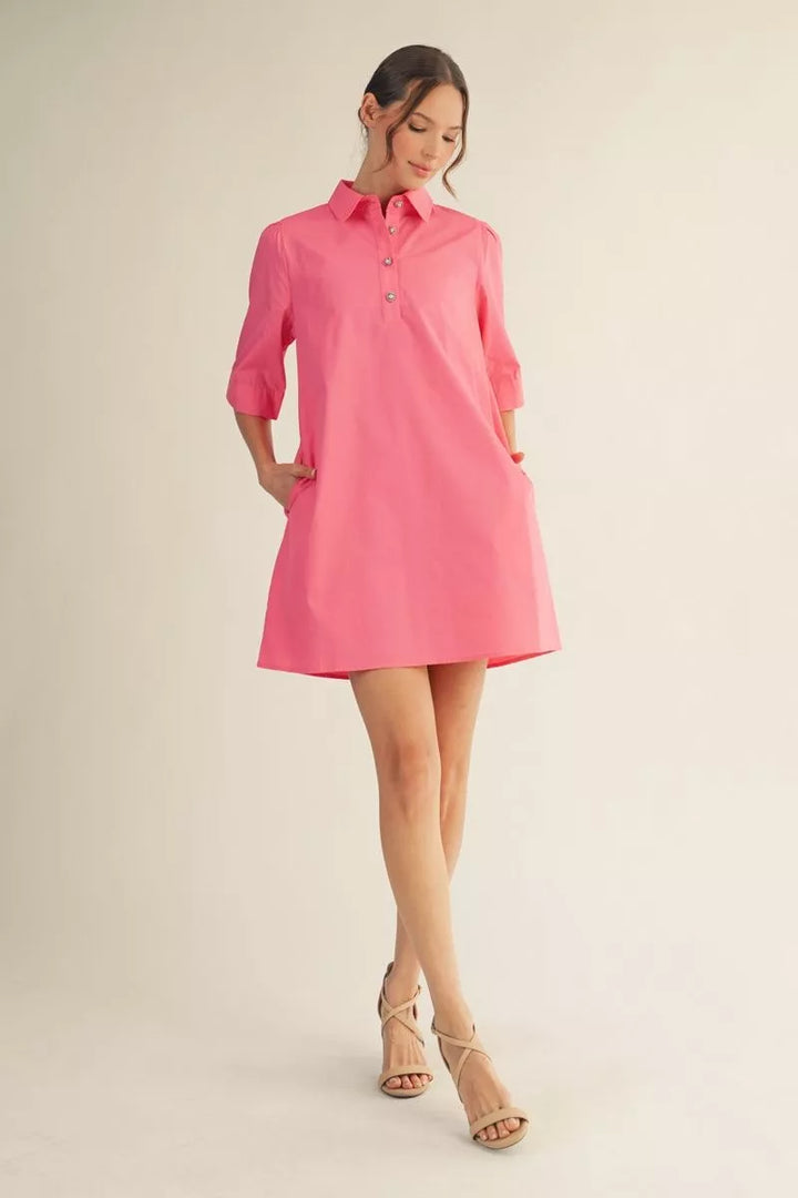 Pearl Button Pink Shift Dress: bright pink cotton, button-up front, collar, half sleeves; available in XS-XL.