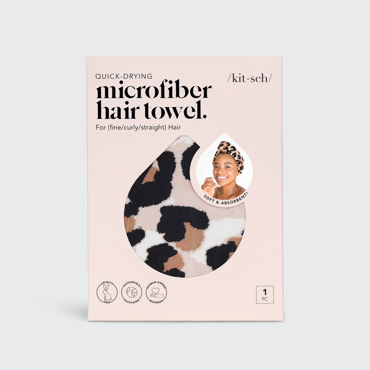 Boxed microfiber hair towel in brown, black, and white leopard print. Available in standard size. Promotes fast drying.