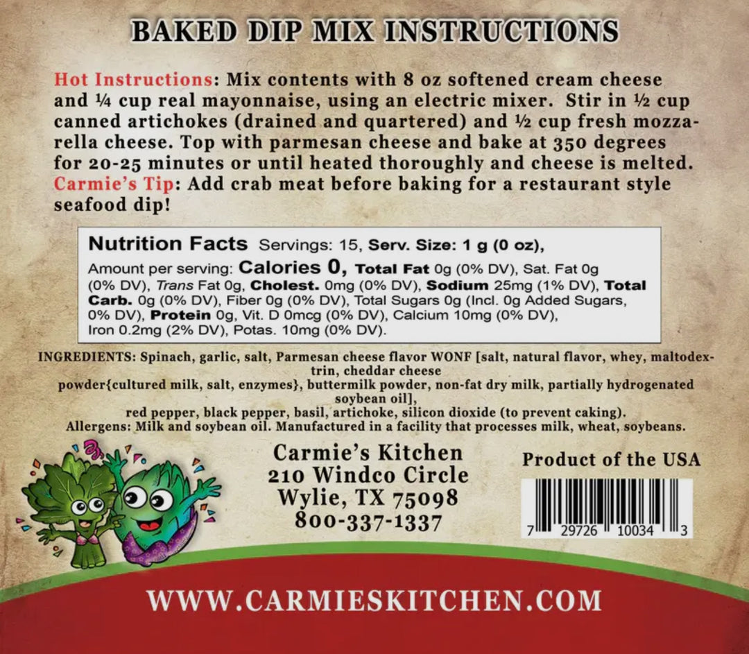 Back of Baked Spinach Artichoke Dip Mix package shows instructions, nutrition, and ingredients. Size options not listed.
