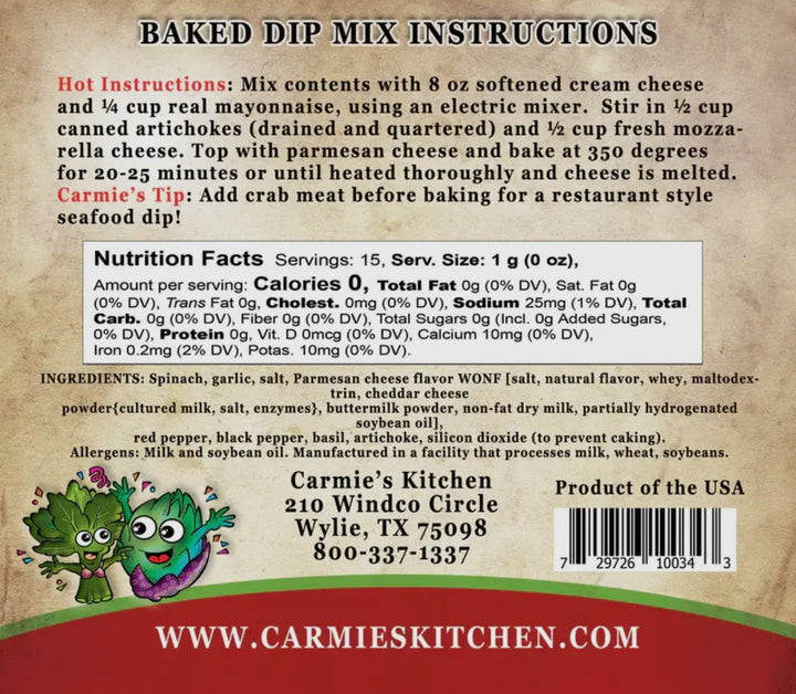 Back of Baked Spinach Artichoke Dip Mix package shows instructions, nutrition, and ingredients. Size options not listed.