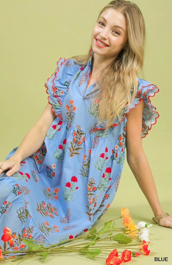Block Floral Print Midi Dress with ruffled sleeves. Available in sizes XS-XL.