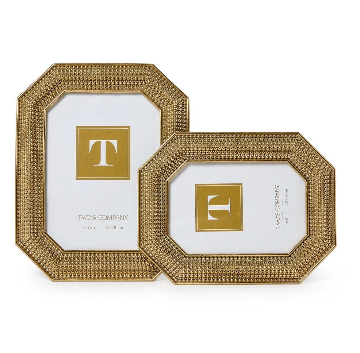 Set of two gold beaded octagonal photo frames with textured borders, available in two sizes.