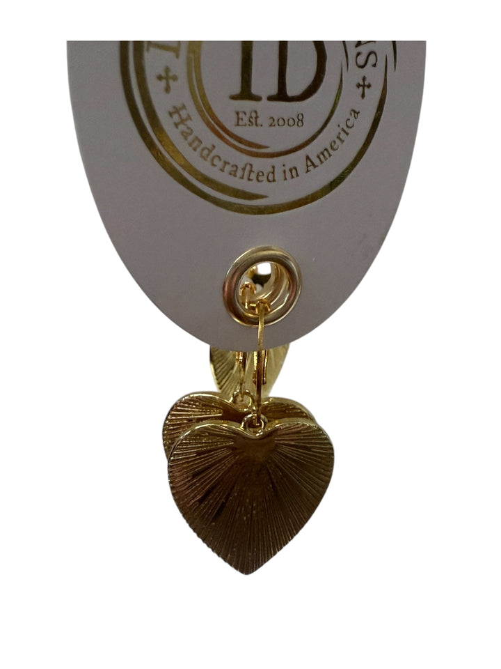 Gold heart-shaped earrings with a textured ray pattern. Sizes available: small, medium, large.