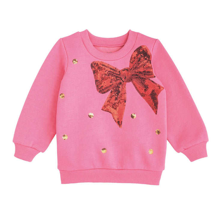 Pink sequin bow sweatshirt with large red sequin bow and gold polka dot sequins. Sizes available.