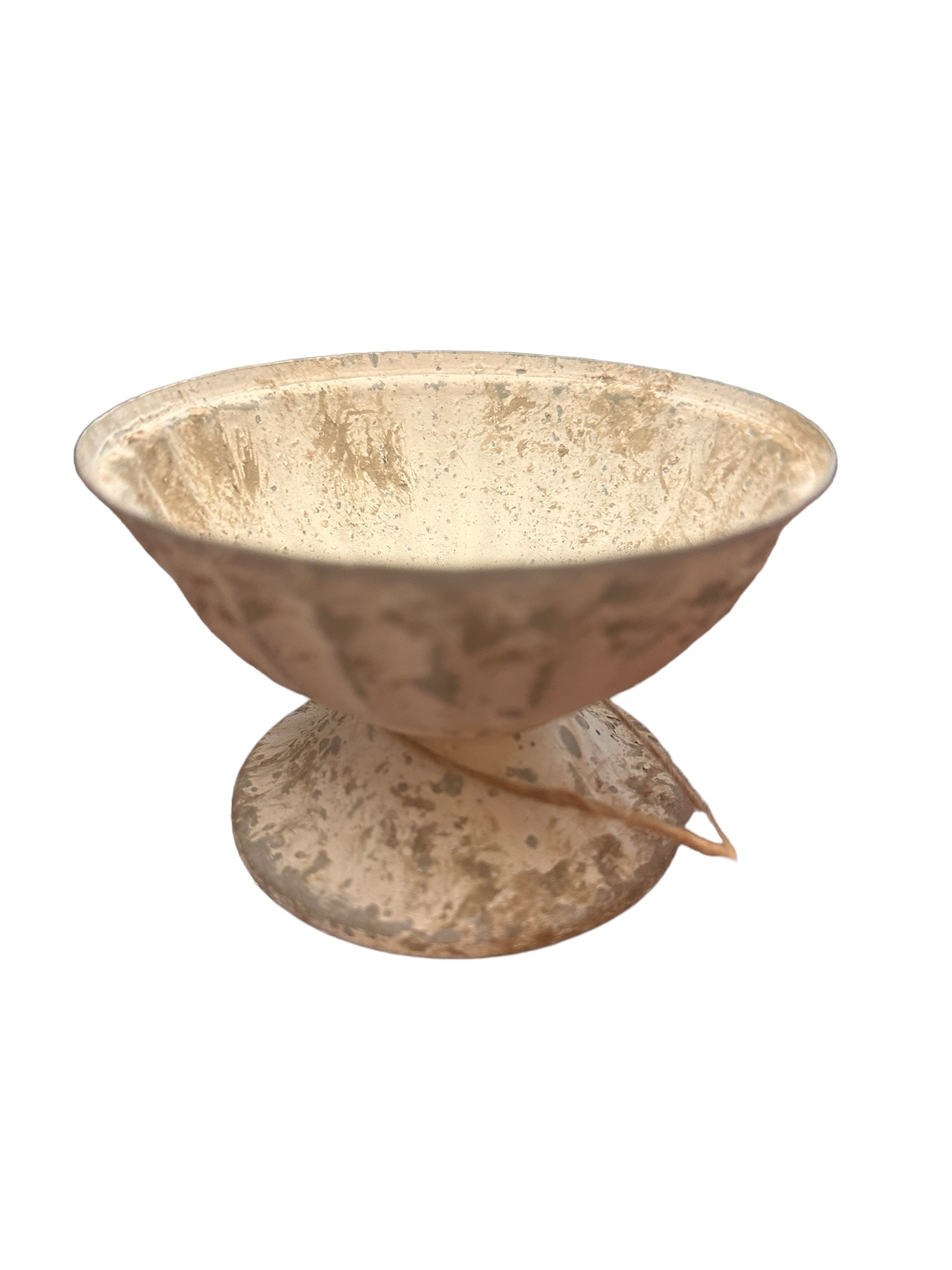 Small Worn White Urn Metal with fluted top, wide shallow bowl on slightly flared pedestal. Tarnished and weathered surface for an antique look. Available in one size.