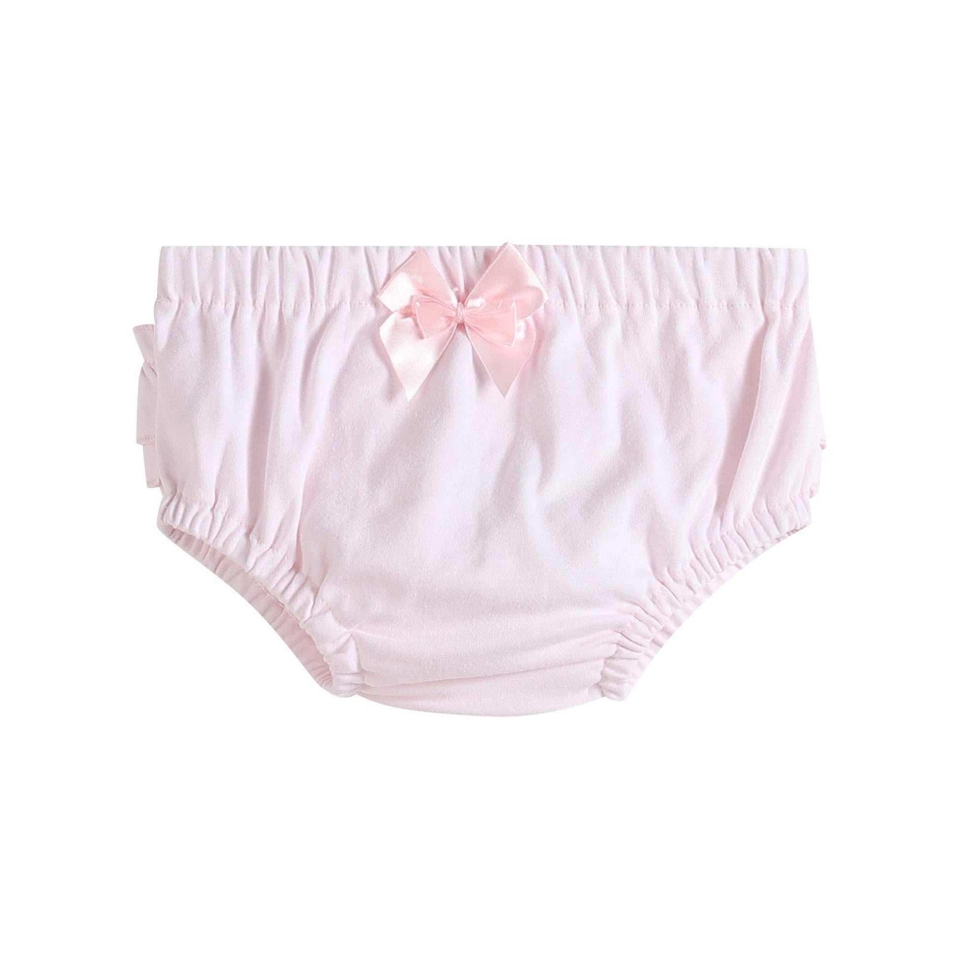 White and Pink Baby Bloomers Knit 2pc Set (3-6M), soft cotton, pink ruffles, elastic waist/legs, pink satin bow.