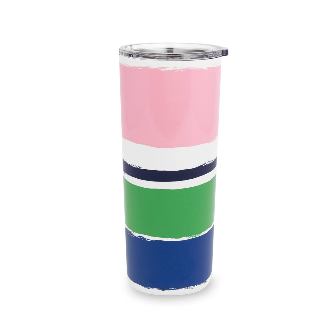 Stainless Steel Tumbler, Ocean Stripe: tall, clear lid, pink-white-green-blue bands. Available in 20oz and 30oz sizes.
