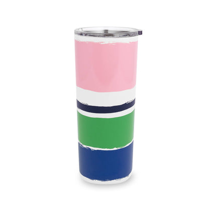 Stainless Steel Tumbler, Ocean Stripe: tall, clear lid, pink-white-green-blue bands. Available in 20oz and 30oz sizes.