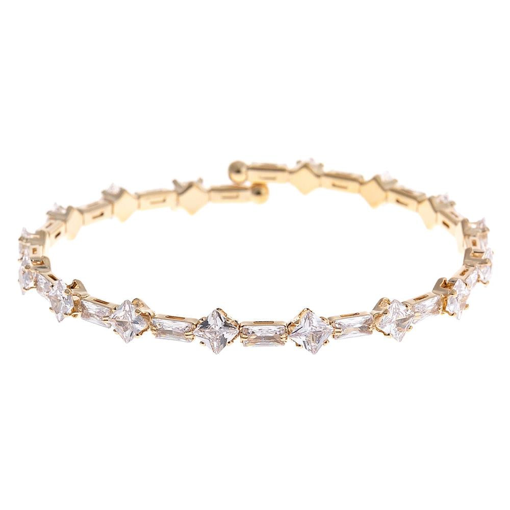 Gold and silver cuff bracelet with clear rectangular and star gems, available in S, M, L.