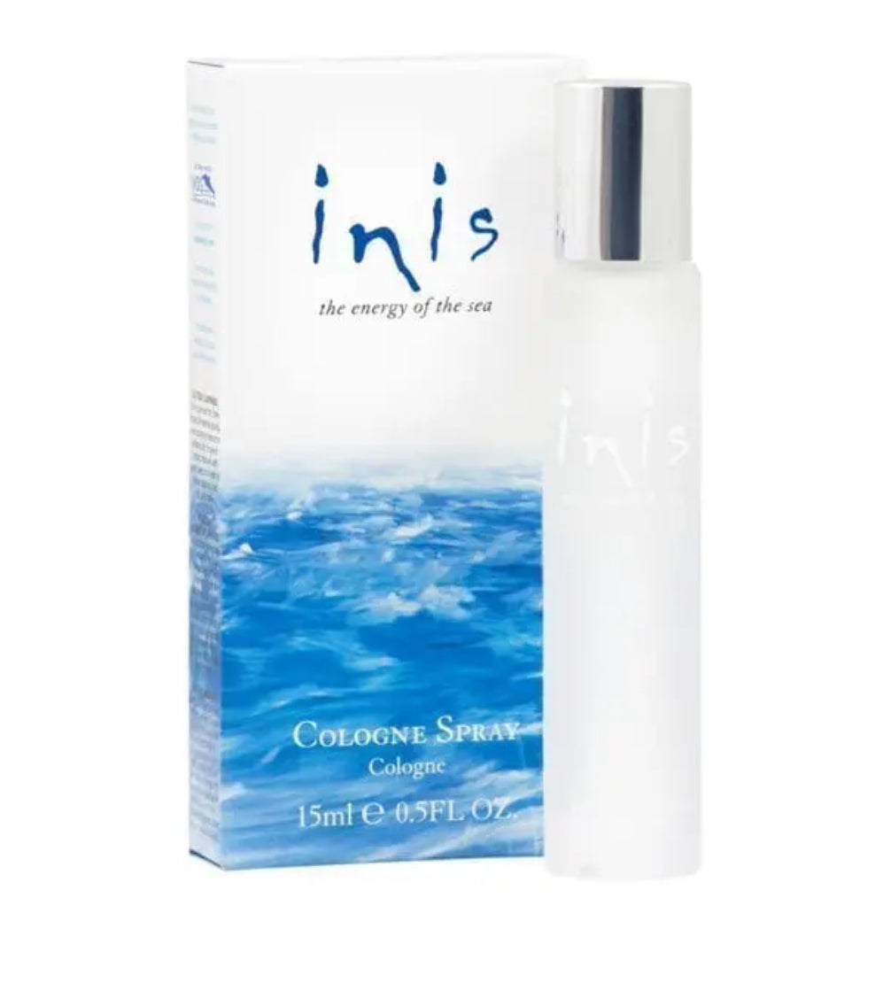 Inis Fragrances of Ireland: Refreshing unisex fragrance. Frosted white 15 ml (0.5 FL OZ) bottle with silver cap and ocean-themed packaging.