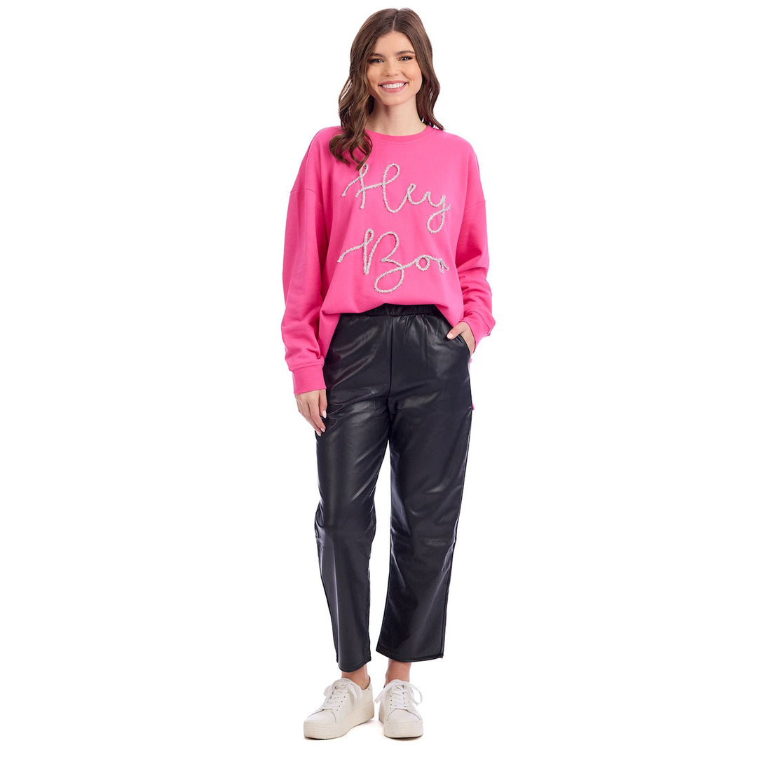 Bright pink Hey Boo Tinsel Sweatshirt available in sizes XS–XL.
