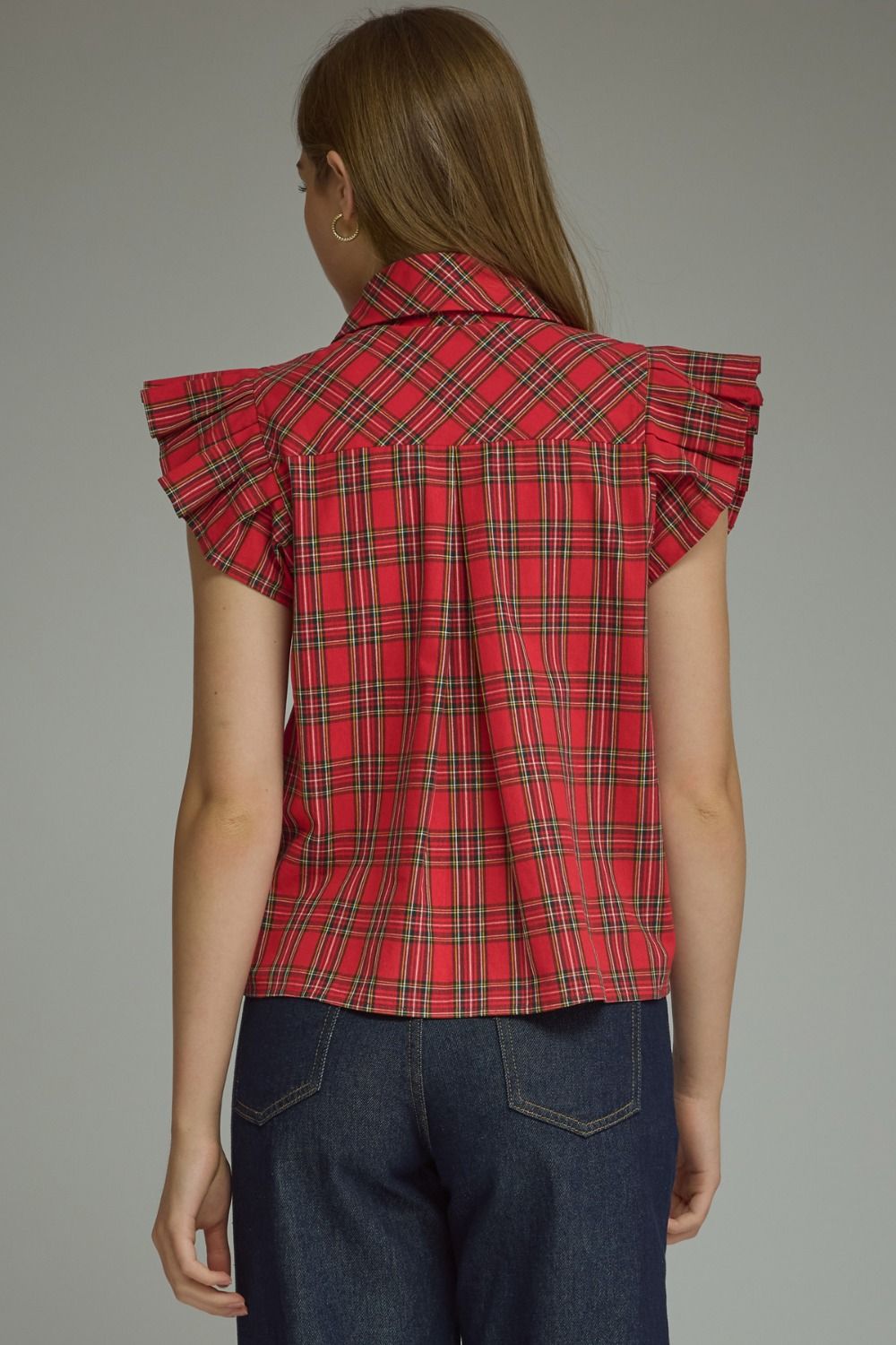 Red Plaid Ruffle Blouse with ruffled shoulders, available in sizes XS-XL.