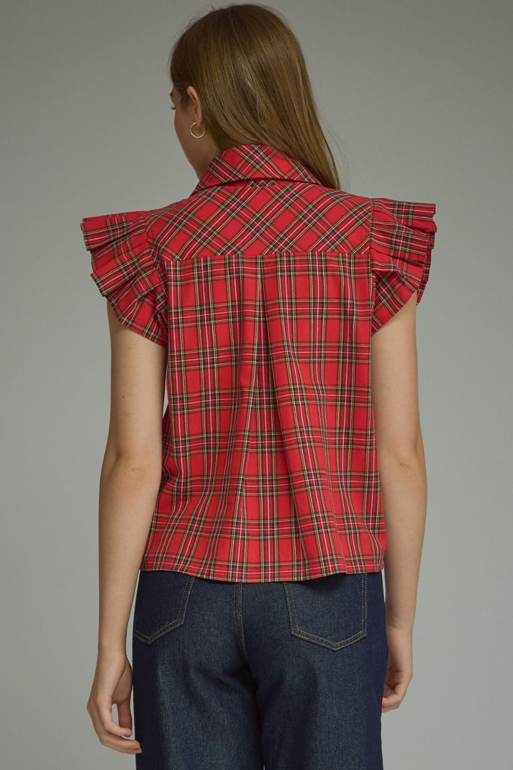 Red Plaid Ruffle Blouse with ruffled shoulders, available in sizes XS-XL.