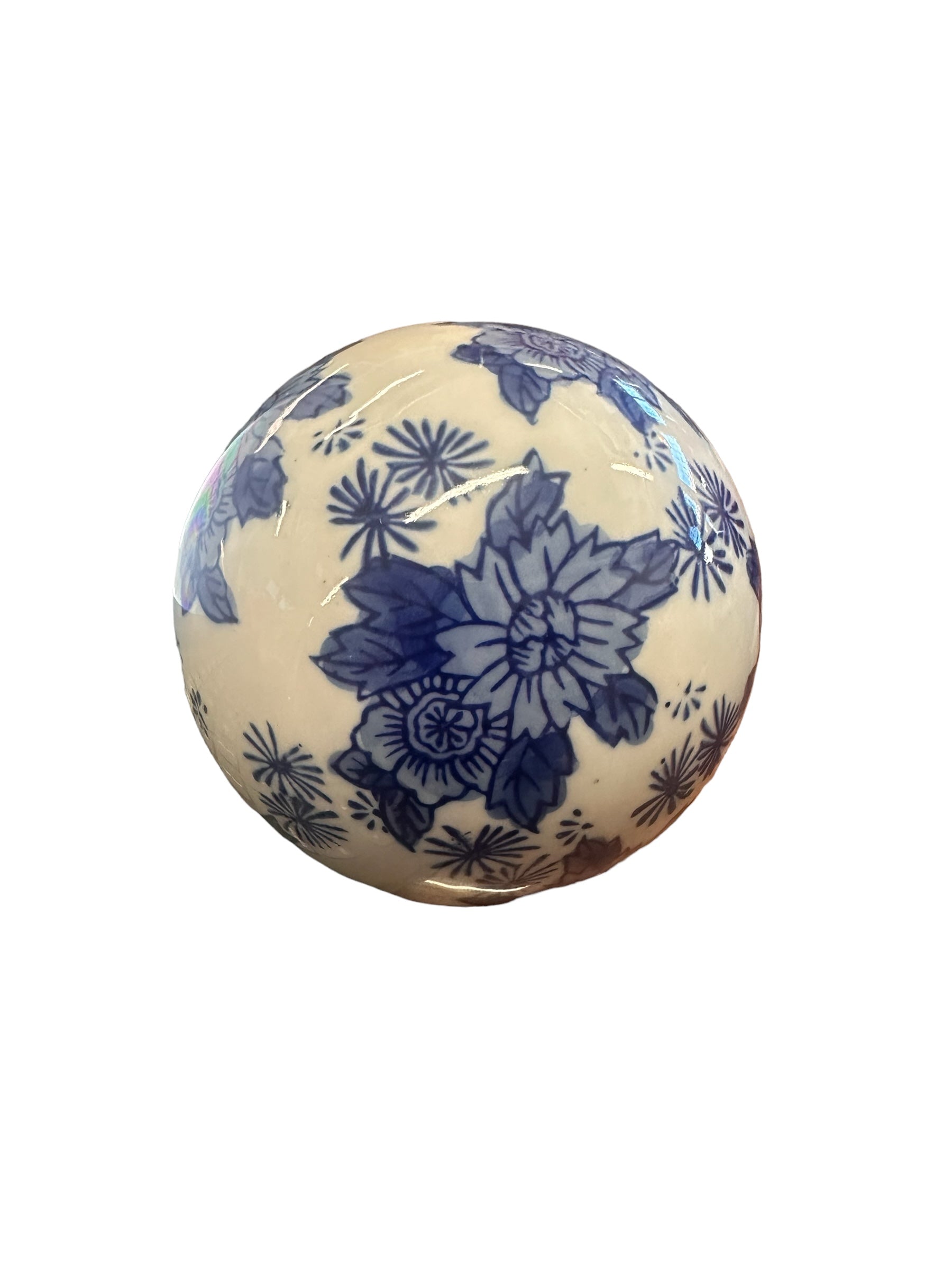 Ceramic Blue & White Decorative Ball: Smooth, glossy surface with intricate floral patterns. Captures the beauty of nature with detailed petals and leaves. Sizes available: 4", 6", and 8" diameter.