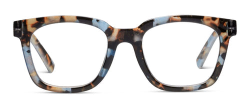 To the Max - Blue Quartz rectangular eyeglasses with blue, brown, beige tortoiseshell frame. Sizes: S, M. Blue light protection.