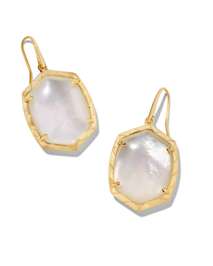 The Daphne Gold Drop Earrings by Kendra Scott have textured gold frames, iridescent centers; available in one size.
