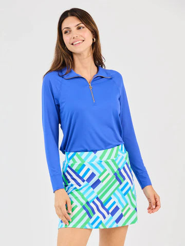 Saratoga Skort with blue, green, and white geometric pattern, UPF protection; available in sizes XS–XL.
