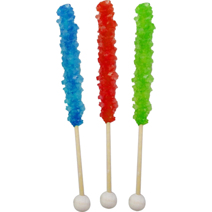 Warheads Sour Rock Candy sticks with blue, red, and green sugar crystals on wooden sticks; available in assorted sizes.