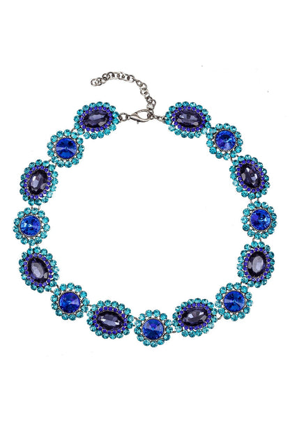Juliet Necklace: alternating large oval and round blue stones, teal accents, adjustable alloy chain, lobster clasp. Sizes: S/M/L.