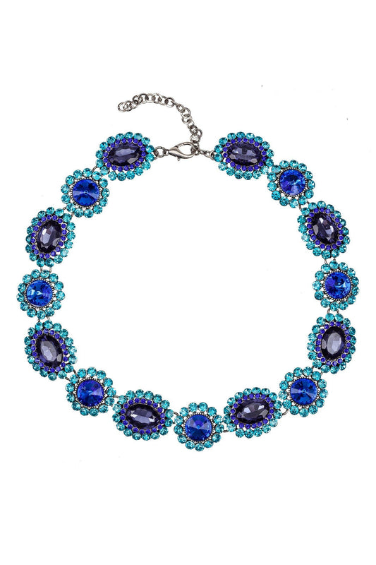 Juliet Necklace: alternating large oval and round blue stones, teal accents, adjustable alloy chain, lobster clasp. Sizes: S/M/L.