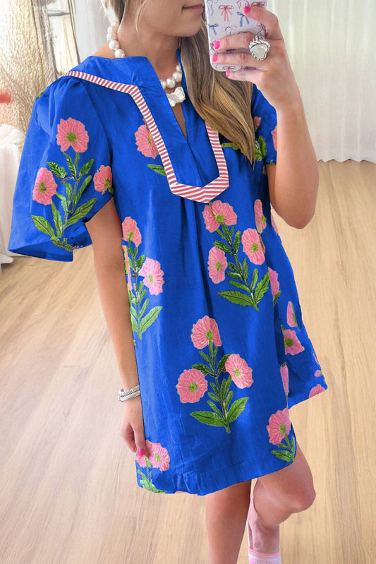 Royal Blue Floral Split Neck Dress with puffed short sleeves, red-and-white stripe neckline. Sizes: XS-XL.