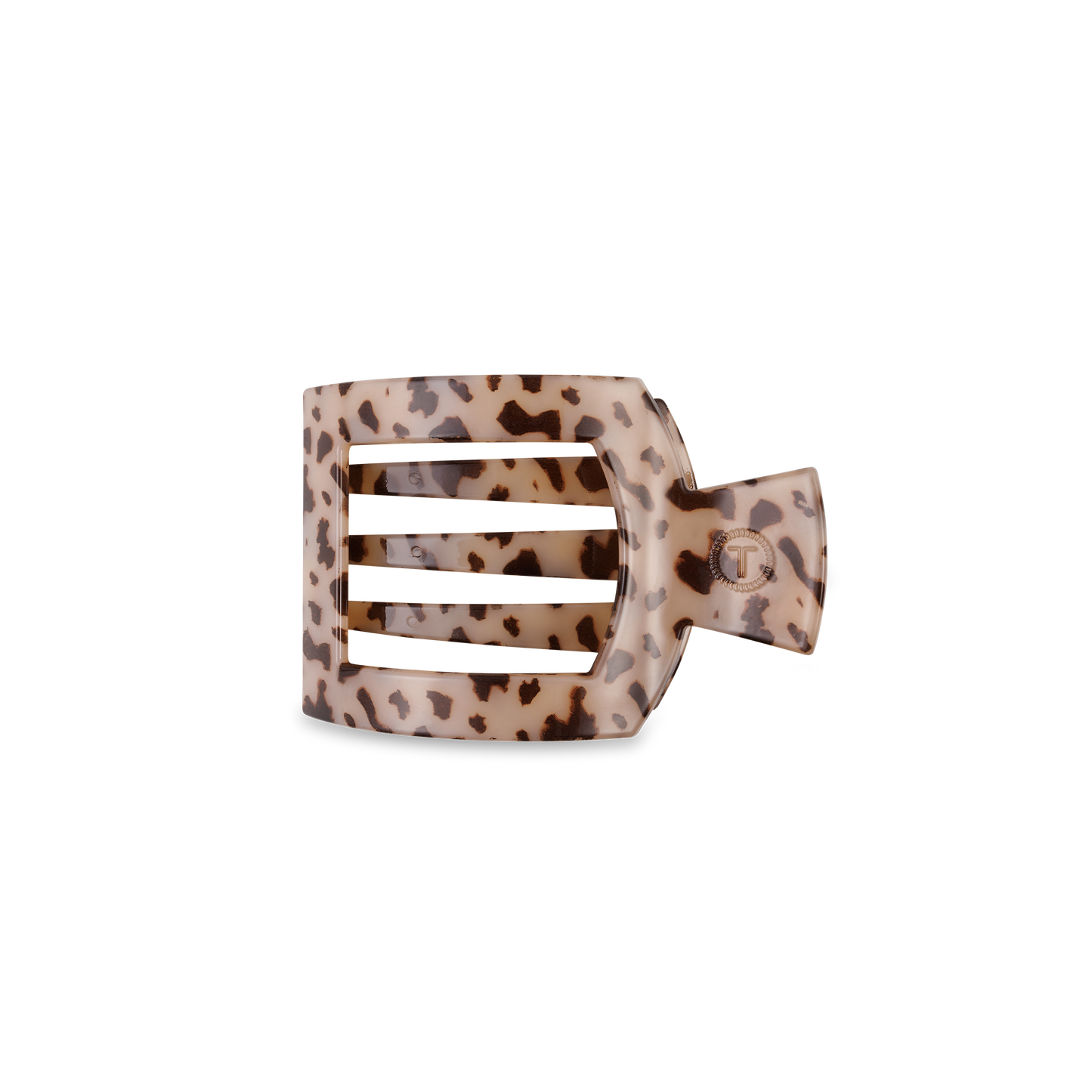 The TELETIES Square Flat Hair Clip has a leopard print with three rectangular openings and a strong-grip on a solid black base. Available in one size.