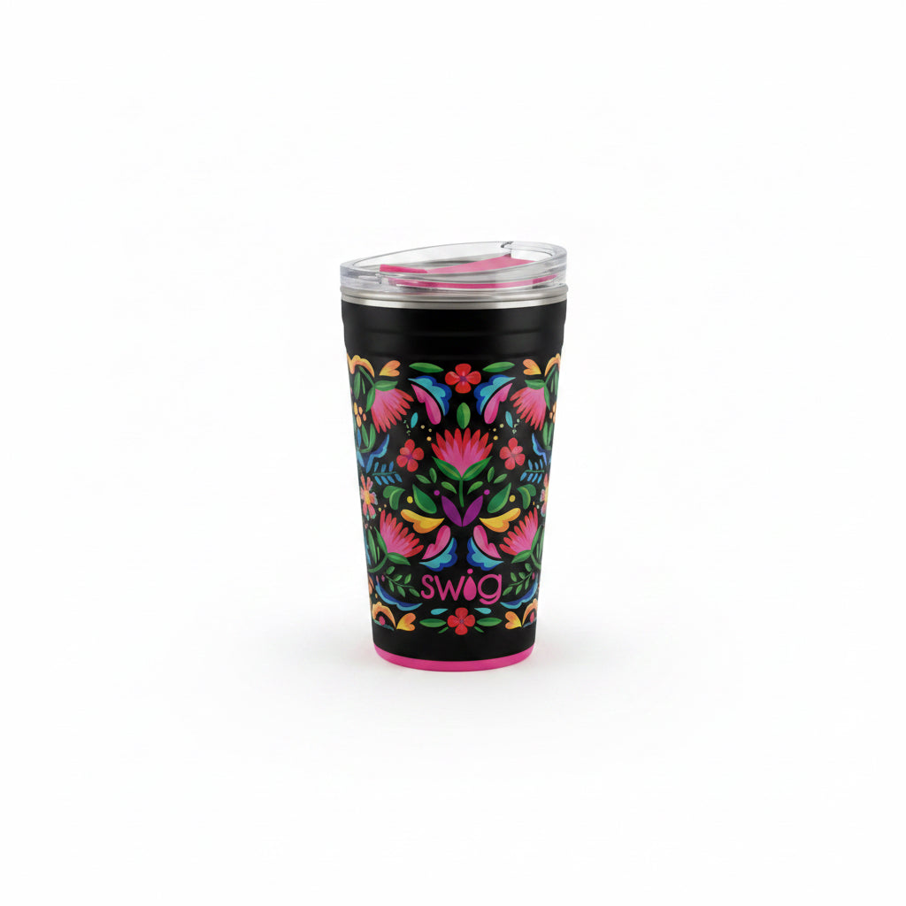 Caliente Party cup by Swig Life, vibrant floral design, triple insulation; available in 22oz and 32oz sizes.