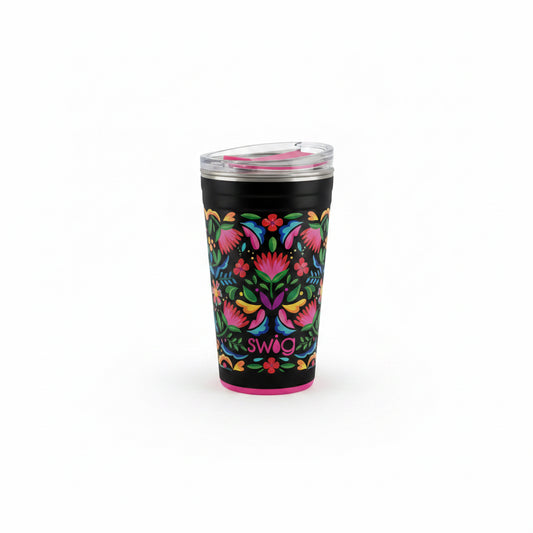Caliente Party cup by Swig Life, vibrant floral design, triple insulation; available in 22oz and 32oz sizes.