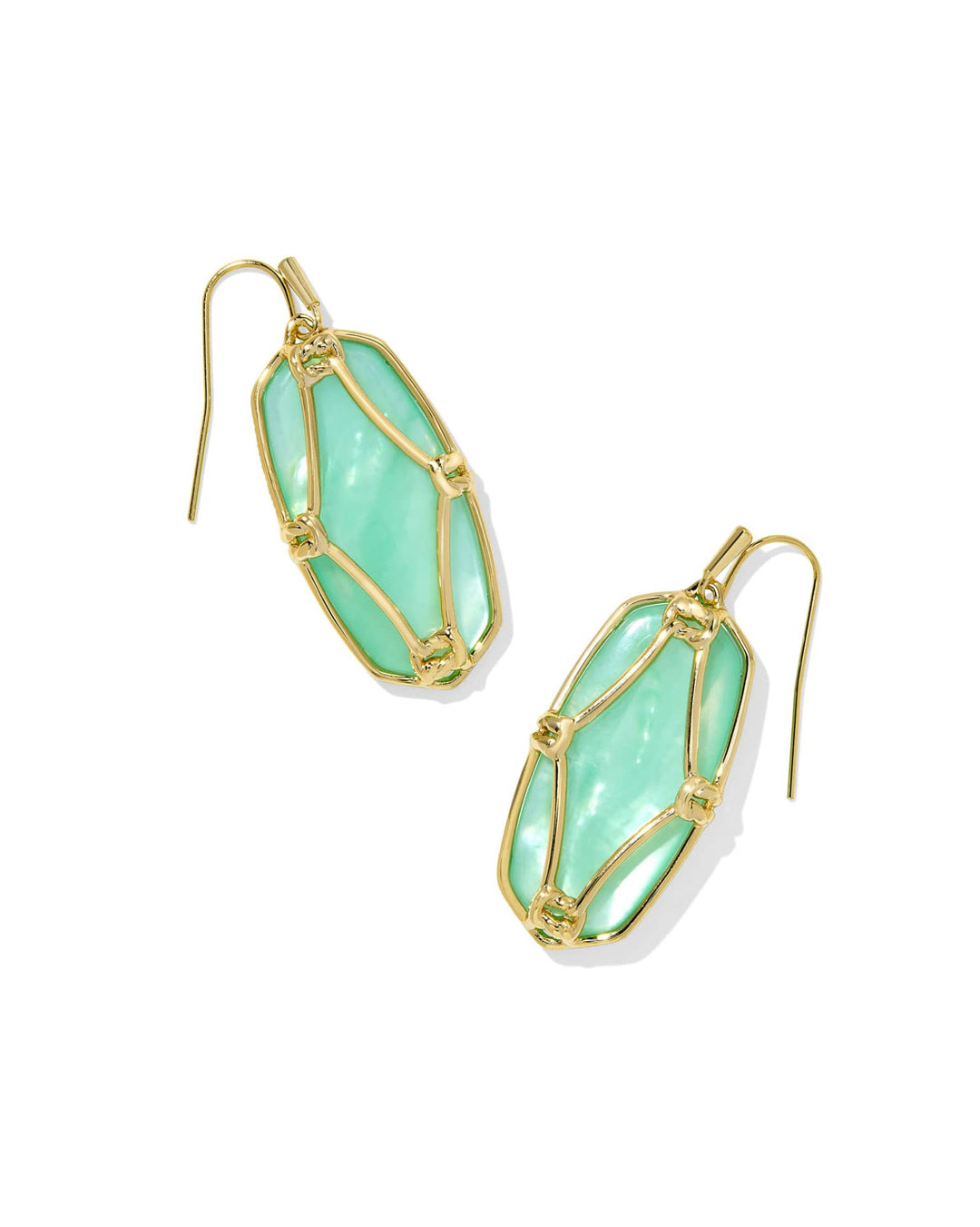 Elle Lattice Frame Gold Drop Earrings: gold wire frames with irregular faceted turquoise-green stones. Sizes: standard.