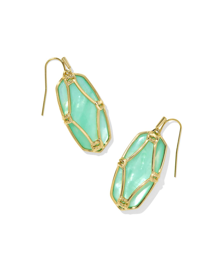 Elle Lattice Frame Gold Drop Earrings: gold wire frames with irregular faceted turquoise-green stones. Sizes: standard.
