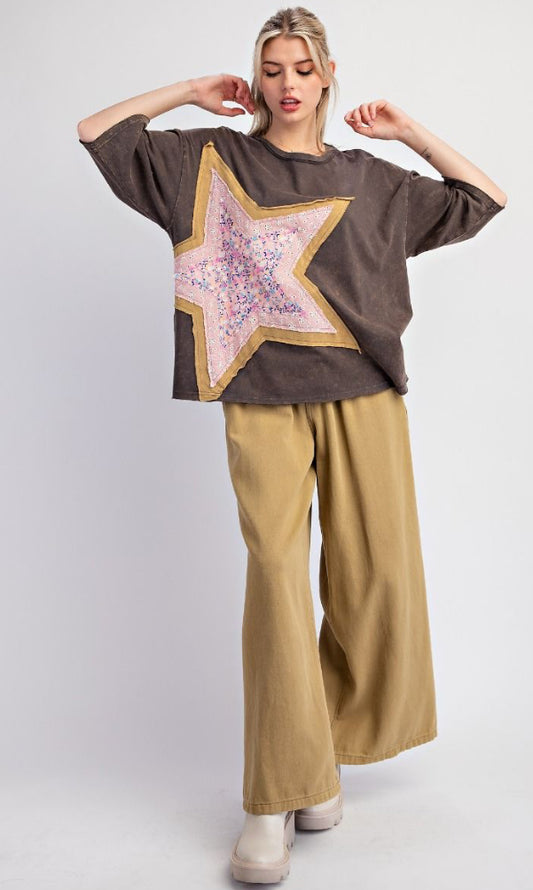 Star Patch Top: Mineral-washed cotton jersey with large, colorful star patch on the front. Sizes available: XS, S, M, L, XL.