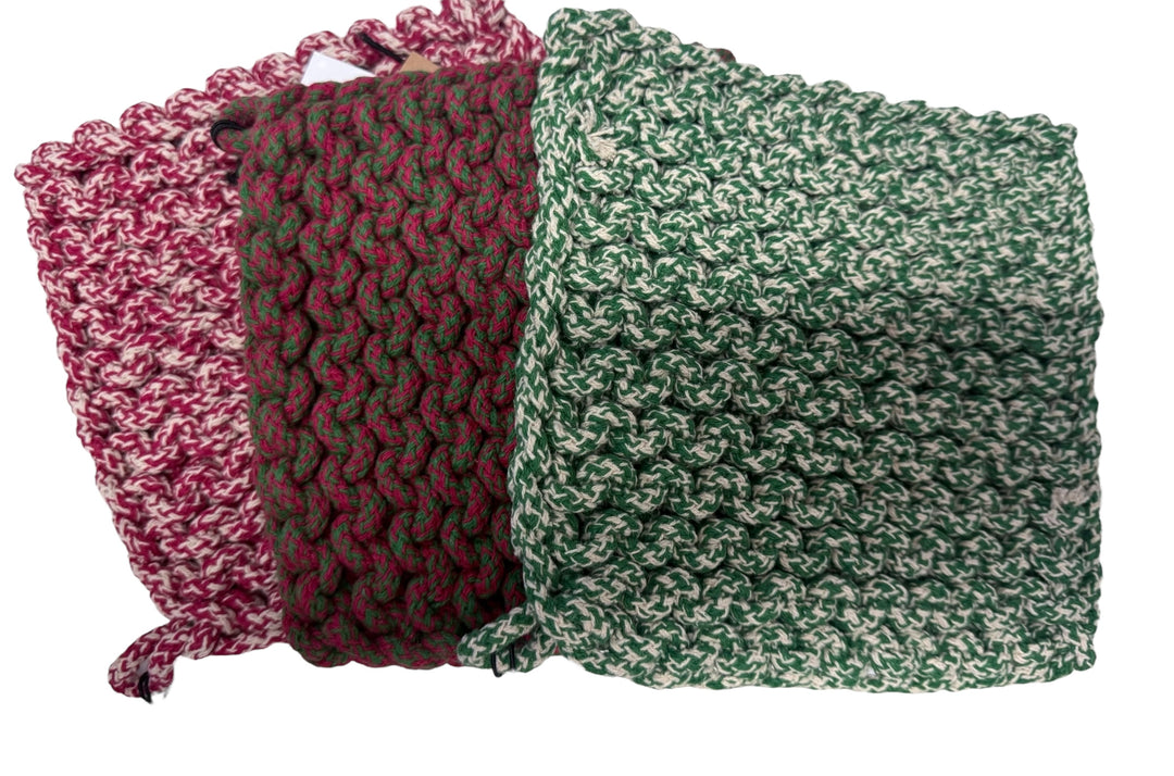 Three melange cotton crocheted pot holders in unique color combos, handwoven with corner loops. Sizes: small, medium, large.