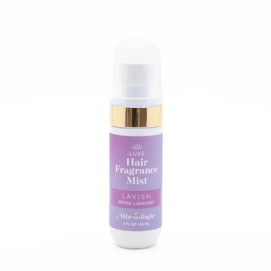 2 fl oz Mix O Logie Hair Fragrance Mist | Lavish, white lavender scent, natural formula, purple/white label with gold band.