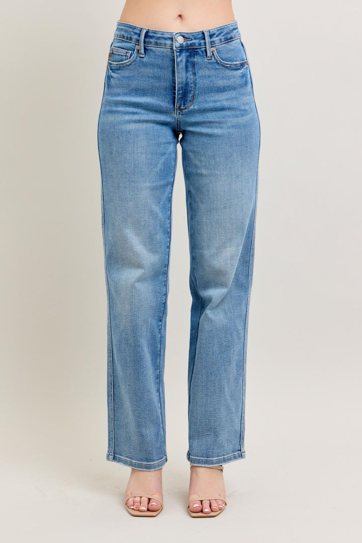 High-waisted Judy Blue Tummy Control Vintage Wash Straight jeans, available in sizes 0-24W. Cropped at midriff to feet.