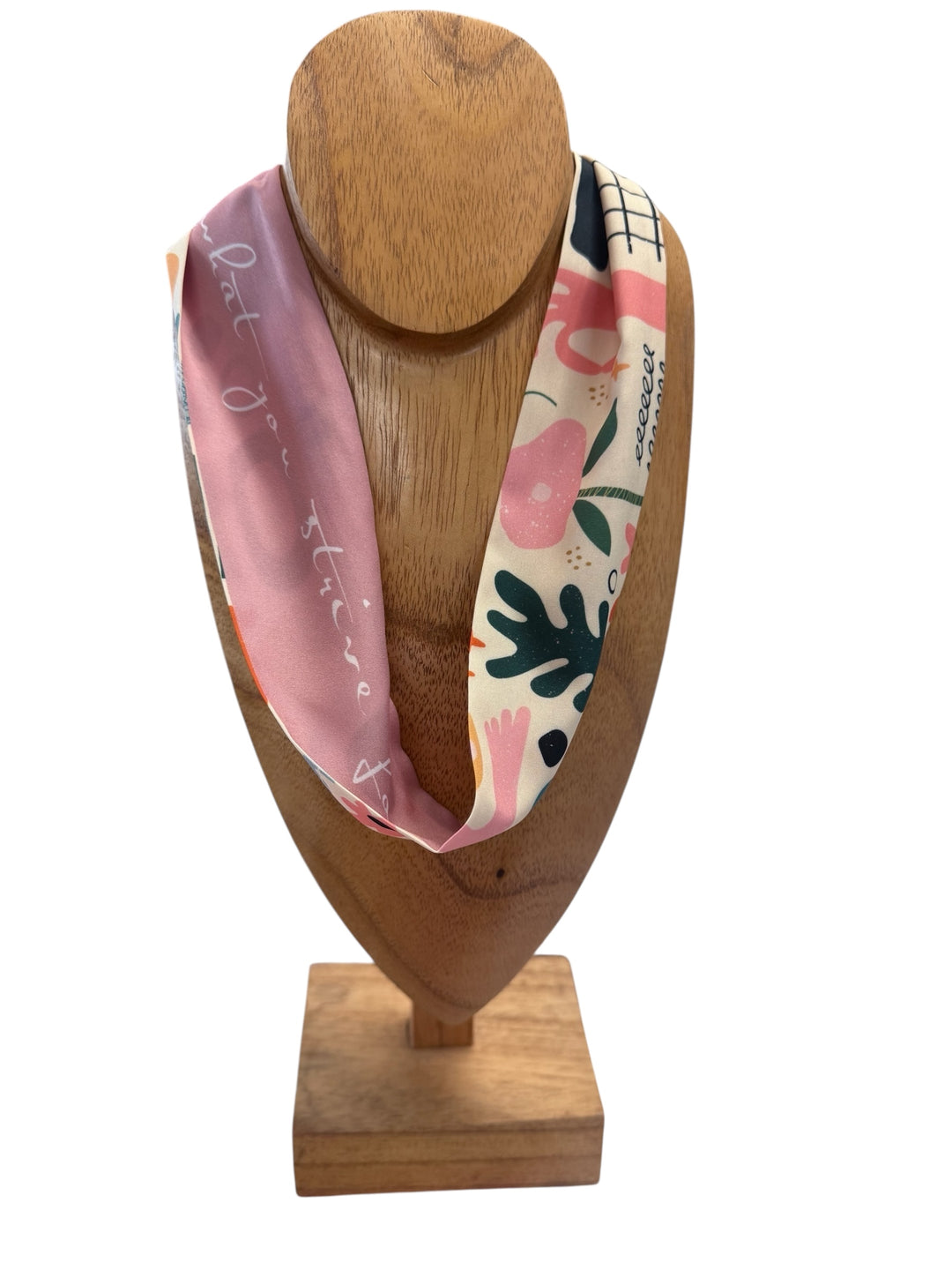 Silk Scarf Necklace with pink, peach, navy, beige abstract patterns and text. Available in S, M, L.